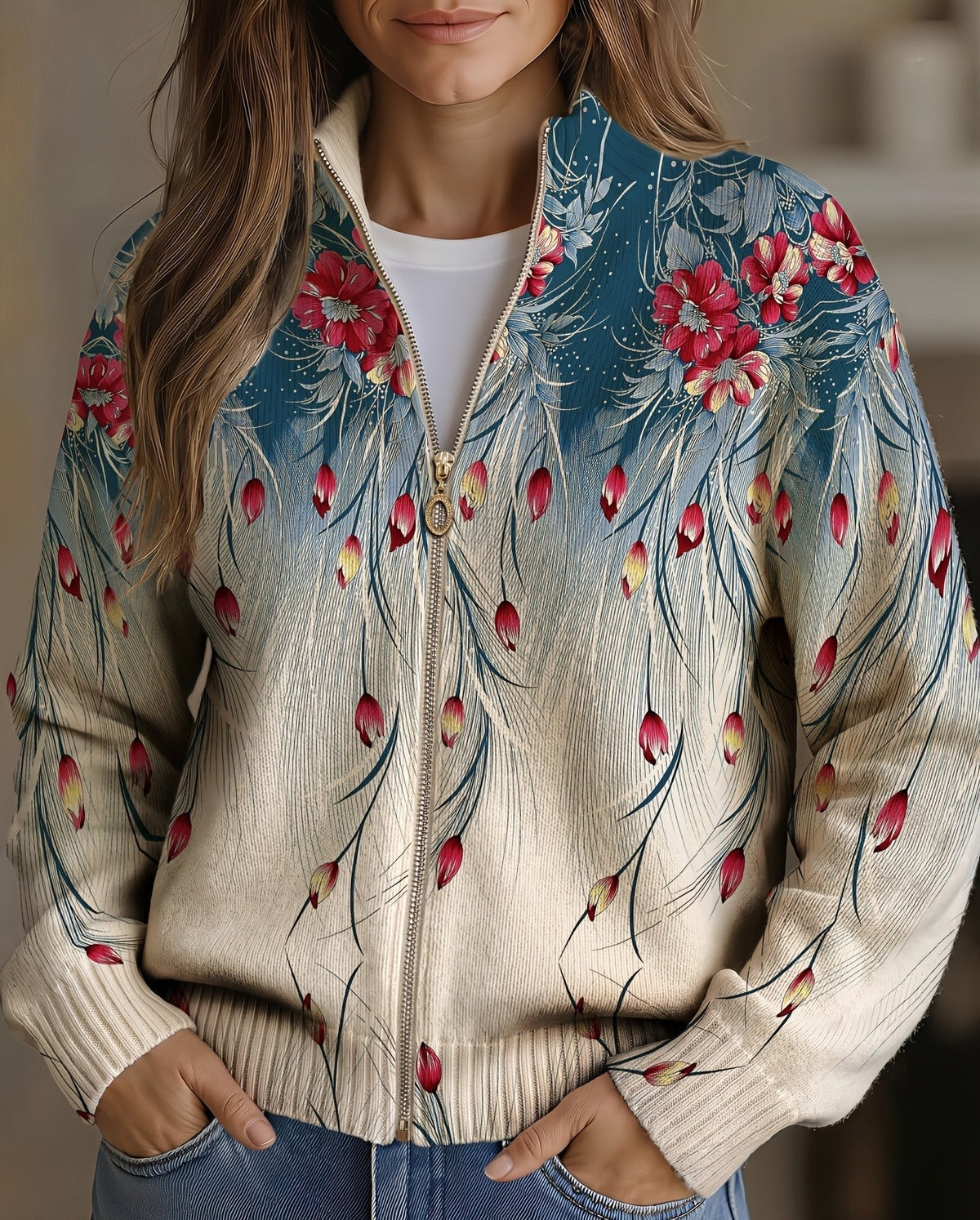 Monique™ | Vest met bloemen en pauwenveren